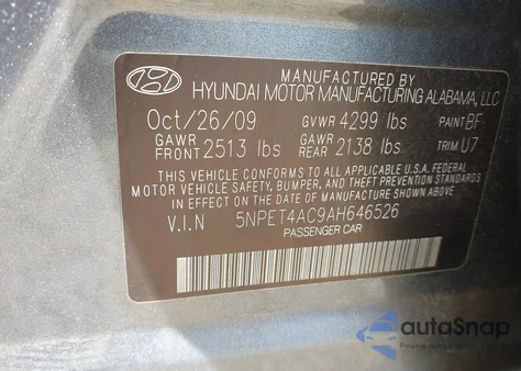 2010 Hyundai Sonata Gls z USA, uszkodzony, nr VIN 5NPET4AC9AH646526